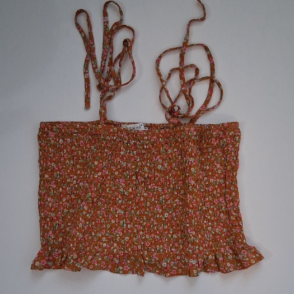 Vibrant Floral Smocked Crop Top With Tie Straps